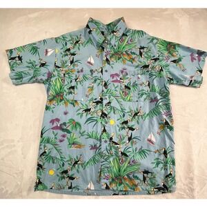 VTG Toucan Country Mens L‎ Shirt Camp Button Front Blue Tropical Pockets 80s